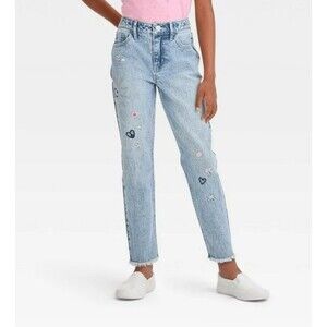 Cat & Jack Blue Medium Wash Embroidered Ankle Straight Jeans Girls Size 14